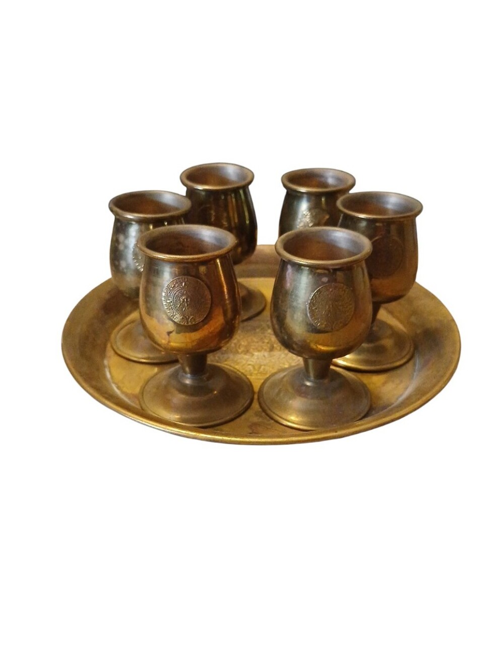 Vintage Brass Aztec Calender Imbossed 6 Goblets/Matching Tray Set